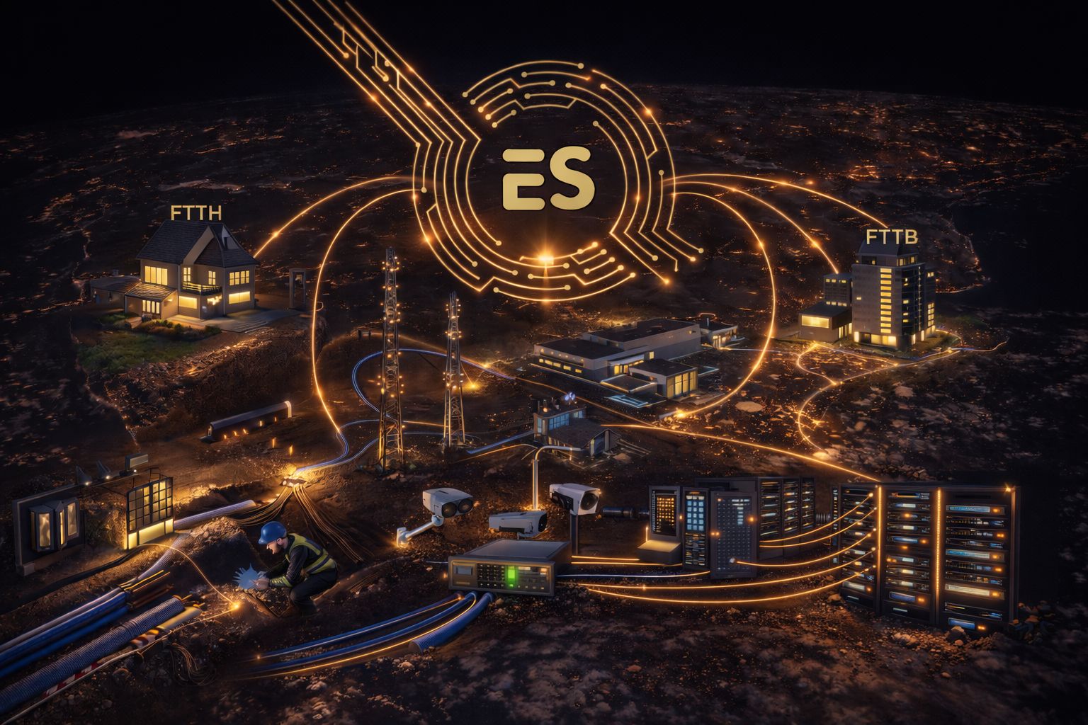 ES Telecoms logo surrounded by glowing fibre connections to homes and businesses